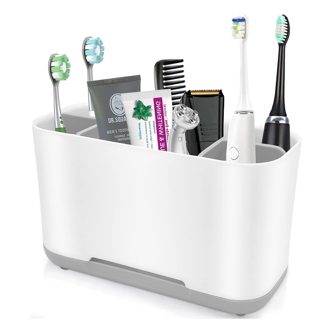 Toothbrush Holder with Anti-Slip, 5 Slots Plastic Detachable Toothbrush and Toothpaste Organizer for Easy Cleaning Multi-Functional Storage, Grey Countertop Organizer Makeup Brush Razor Holder