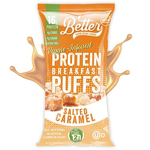 Better Than Good Sweet Keto, Gluten-Free Salted Caramel Protein Puffs (0.88 Ounce 4-Pack) - Paleo, Low Sugar, Low Calorie, Diabetic Friendly Snacks | 16g Protein & 2 Servings of Fruits & Veggies