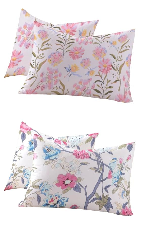 RD TREND 210 TC Premium Glace Cotton King Size Printed Floral Design Pillow Cover -18"X28" Inches,Set of 4 Pieces Pink Flower, White Pink Flower