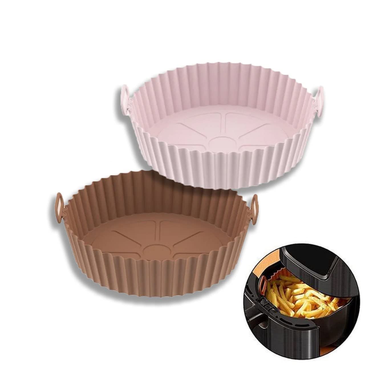 Air Fryer Silicone Pot, 2 Pcs Air Fryer Liners Food Safe Non Stick Air fryers Basket Oven Accessories, Reusable Replacement of Flammable Parchment Liner Paper Fits 3QT - 5QT Air Fryer (Pink + Brown)