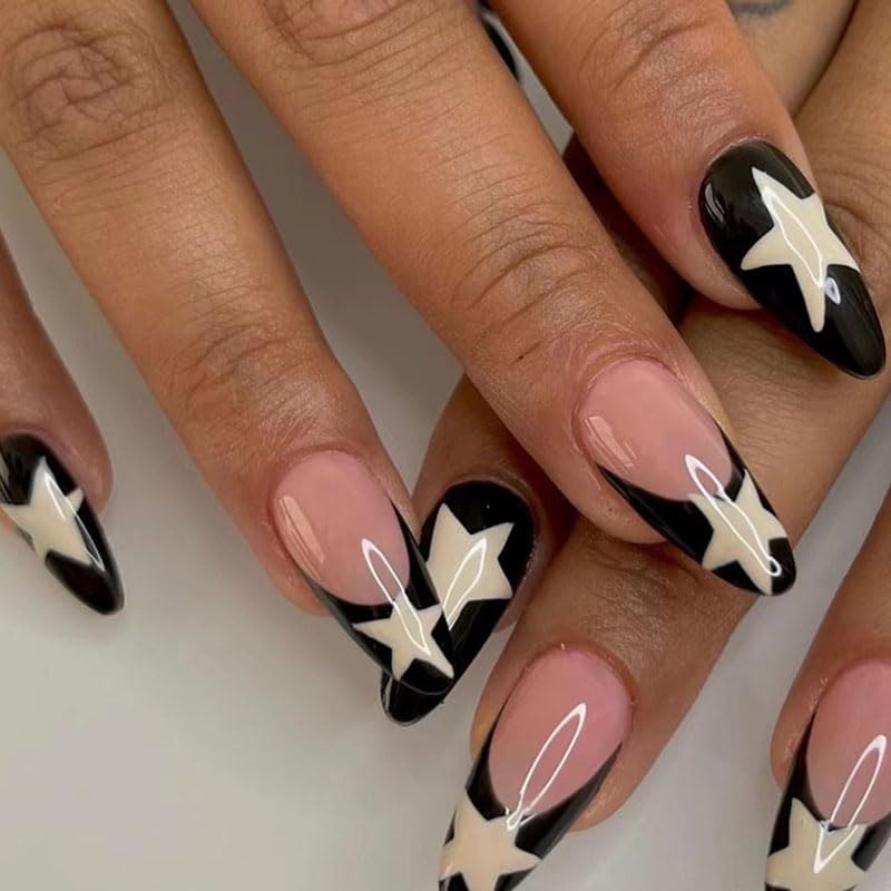 Medium Press on Nails Almond Shaped French Tips Black Fake Nails with Star Design Full Cover False Acrylic Glue Stick on Nail for Women Girls 24Pcs