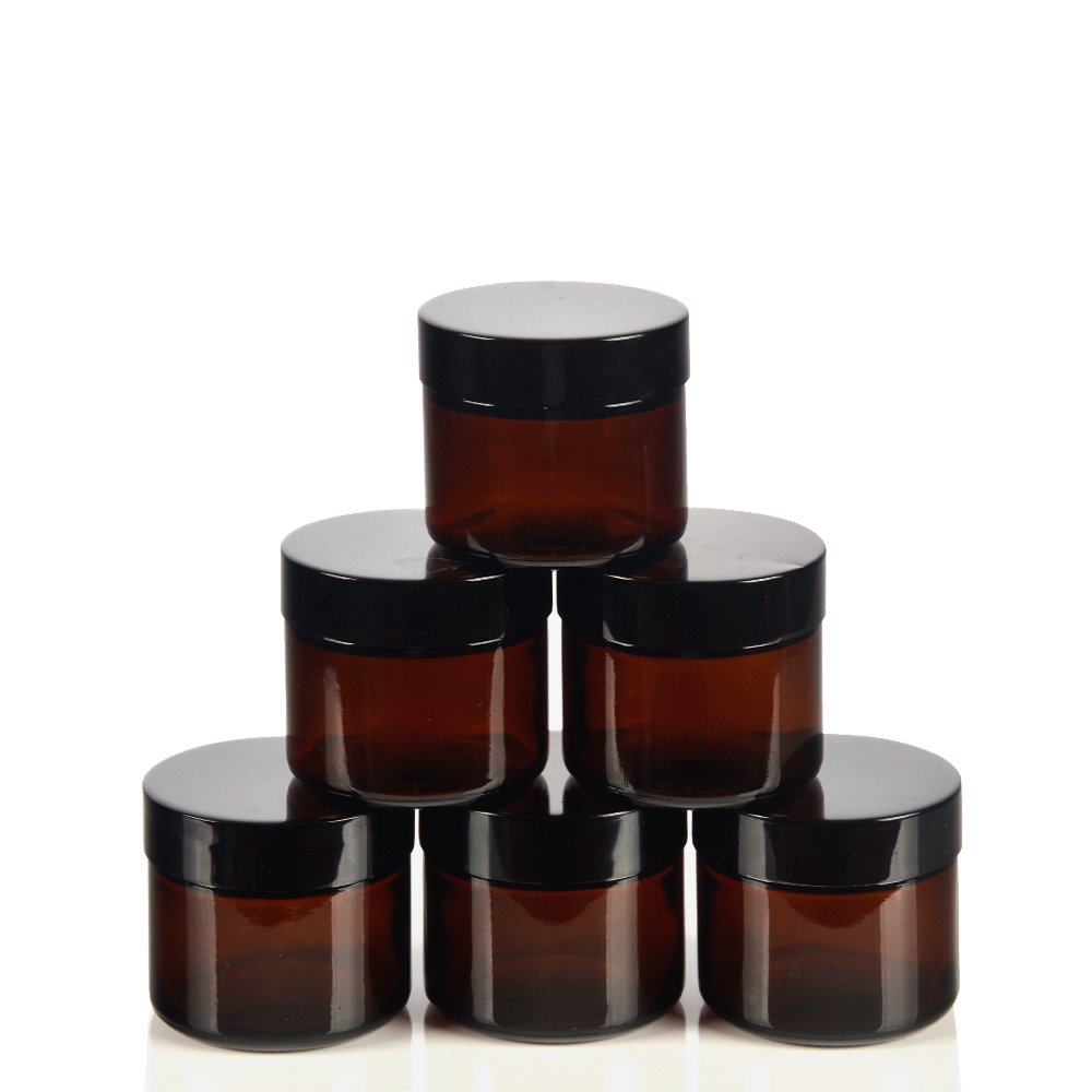 SHiZAK 60 ml 2 oz Amber Round Glass Jars with Black Lids and White Inner Liners Great Perfect for Cosmetics and Face Cream Lotion and Personal Care Products and More (Pack of 6)