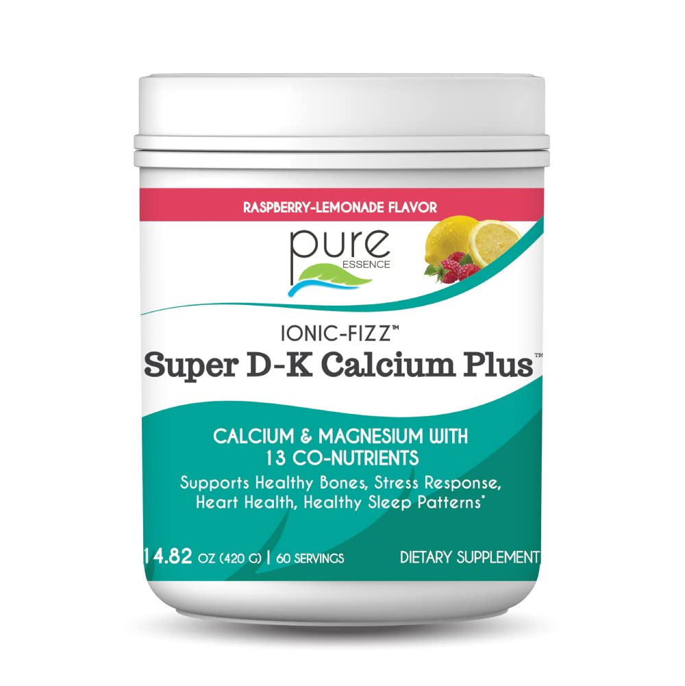 Ionic Fizz Super D-K Calcium Plus by Pure Essence - with Extra Magnesium, Vitamin D3, Vitamin K2 for Strong Bones and Stress Support - Raspberry Lemonade - 14.82oz