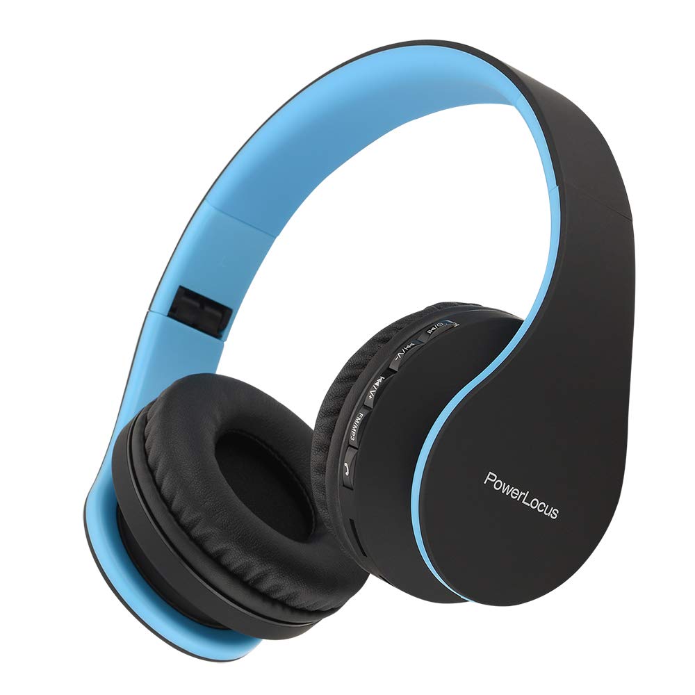 PowerLocusWireless Bluetooth Over-Ear Stereo Foldable Headphones, Wired Headsets with Built-in Microphone for iPhone, Samsung, LG, iPad (Black/Blue)