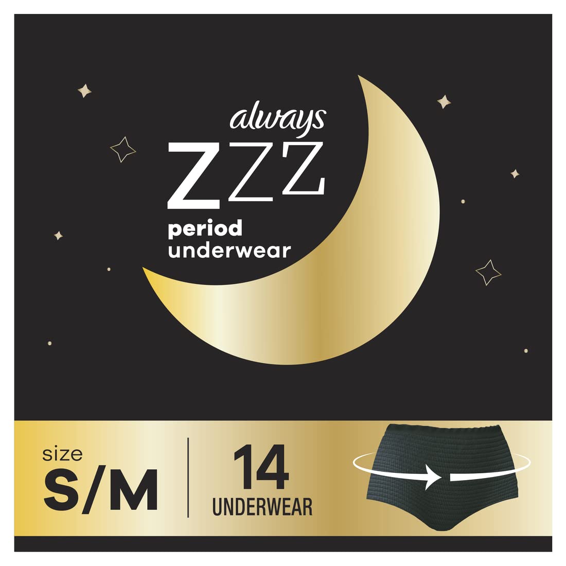 AlwaysZZZs Overnight Disposable Period Underwear for Women, Size S/M, Black Period Panties, Leakproof, 7 Count, Pack of 2 (14 Count Total)