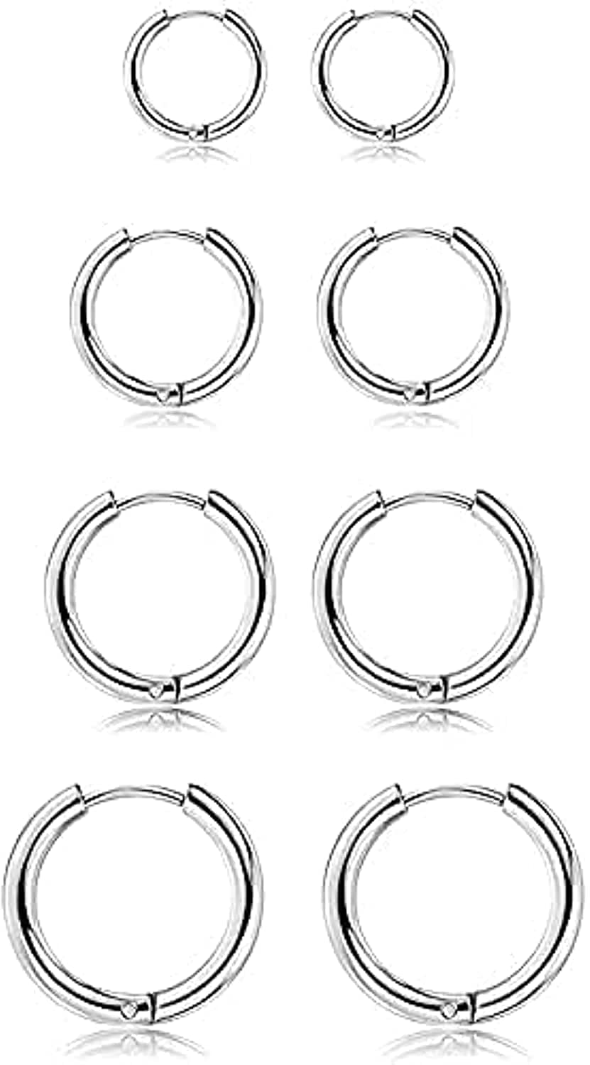 4 Pairs Stainless Steel Small Hoop Earrings Clasp Hypoallergenic Huggie Earrings 6/8/10/12mm 316L Small Hoop Earrings or Men Women