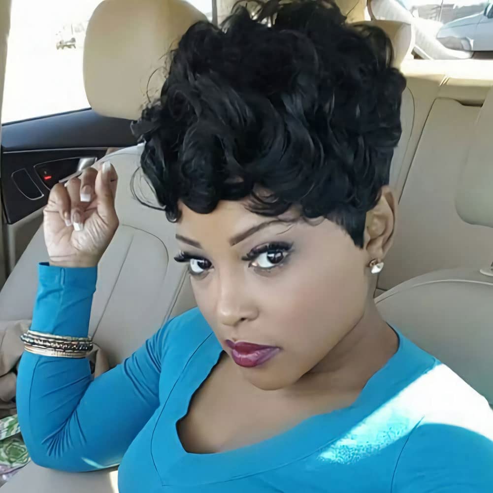 EvasensShort Curly Wigs for Black Women Pixie Cut Wig for Women Short Hair Black Wig with Bangs Synthetic Wigs Pixie Wigs for Black Women (Pluffy Curly) (1B#)