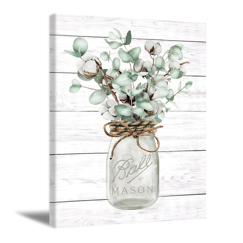 Mason Jar Flower Wall Art Flowers Wall Art Vintage Cotton And Eucalyptus Barn Canvas Wall Art Country Floral Poster Farmhouse Decor Wall Art Wood Texture Botanical Wall Decor 16x20Inch Frameless