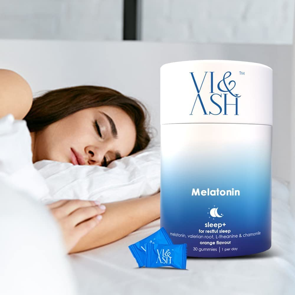 Vi & ASH Non-Addictive Melatonin Gummies - Orange Flavor with Valerian, L-Theanine & Chamomile for Better Sleep, Vegan Gummies That Promote Restful Sleep, Wake Up Feeling Refreshed - 30 Days Pack