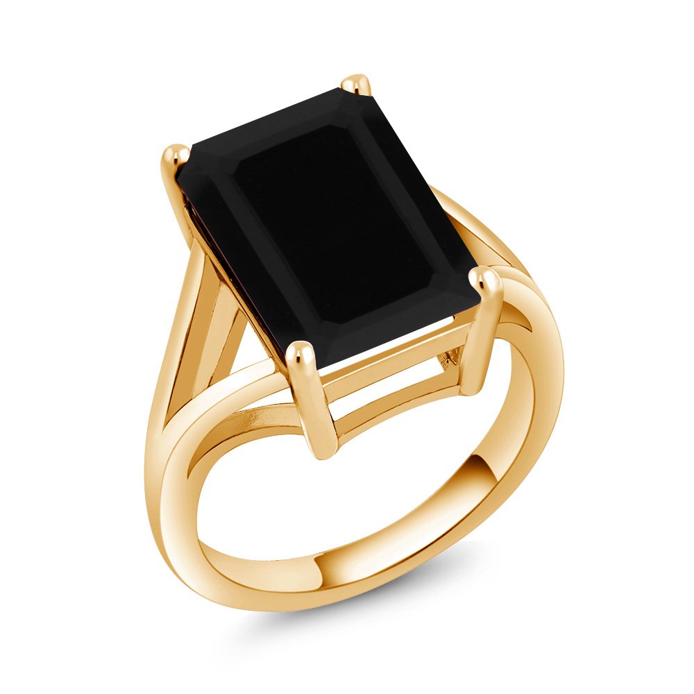 Black Onyx 18K Yellow Gold Plated Silver Women's Solitaire Ring 5.00 Ct Gemstone 14X10MM Emerald Cut (Available 5,6,7,8,9)