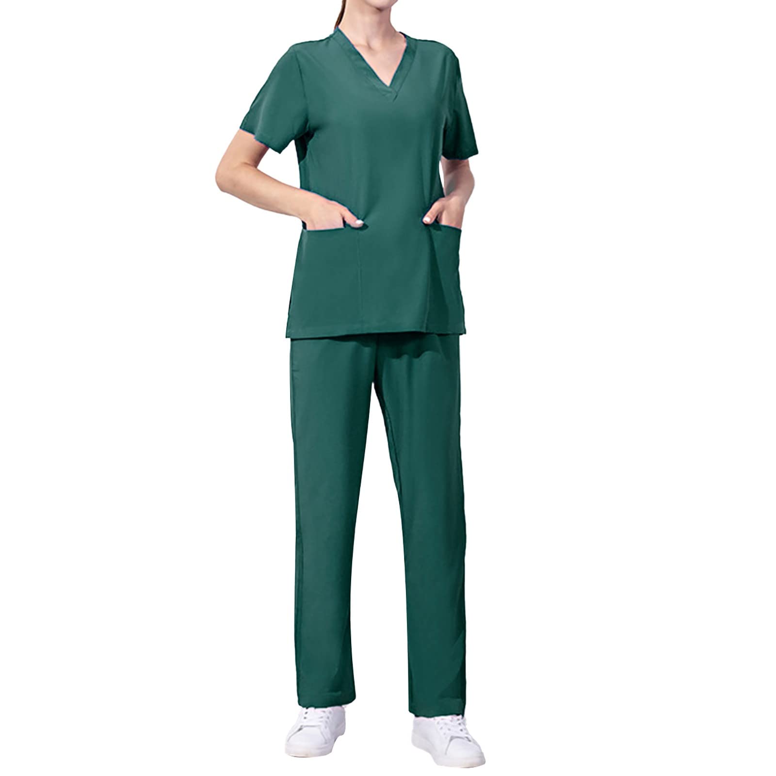 GefomuofeWomen's Work Suit Nursing Suit Medical Doctor Uniform Slip Jacket Top with Trousers Medical Work Wear Slip-On Tunic + Slip-On Trousers Set Work Wear, Green, L