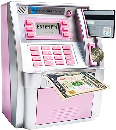 LB Upgraded ATM Piggy Bank for Real Money for Kids Girls Adults,Pink Money Bank Girls Piggy Bank Mini Atm Machine with Debit Card,Password Login,Coin Recognition,Balance Calculator,Electronic Safe Box