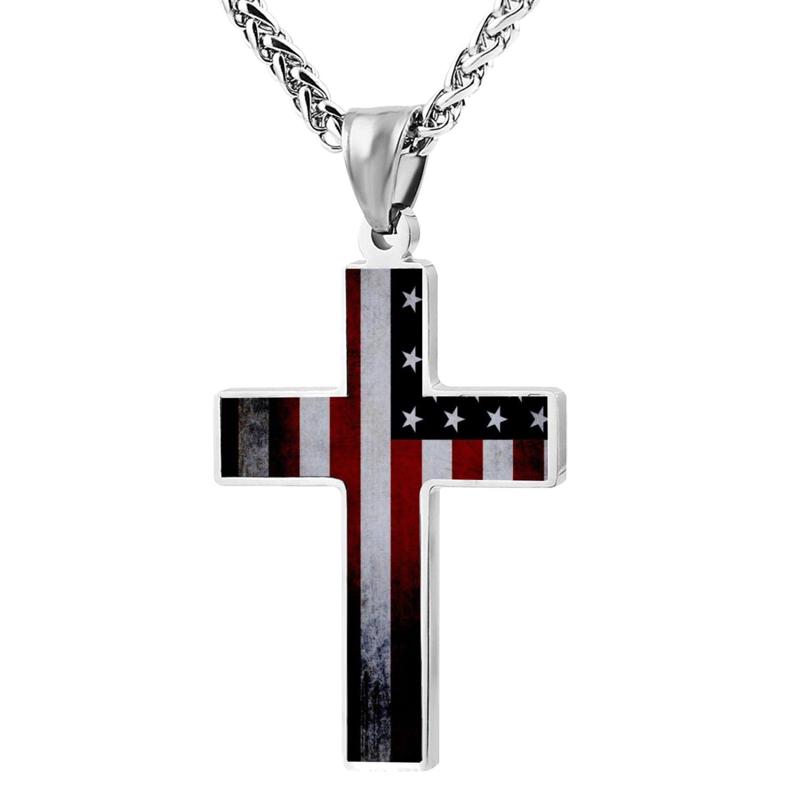 SBXDIO American FlagPatriotic Cross Pendant Necklace for Mens Women Christian Cross Necklace Religious Belief Jewelry Pendant Chain Necklace