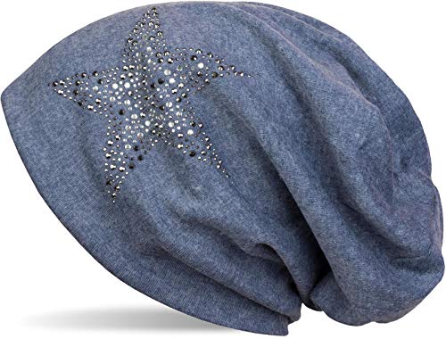 Beanie hat with Rhinestone Rivets Star and Silver-Anthracite Coloured Decorative Stones, Slouchy Long Beanie, Unisex 04024087