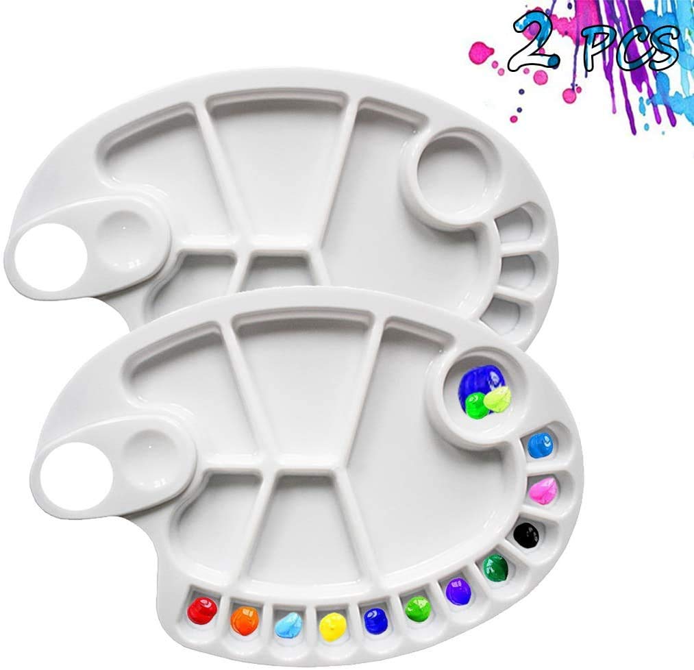 Premify 2 PCS Reusable White PVC Plastic Paint Palette Having 17 Wells Each 8 x 11.8 Inch Oval Shaped Artist Painting Pallette Non-Stick Oil Paint Washable with Thumb Hole, DIY Art Craft Painting