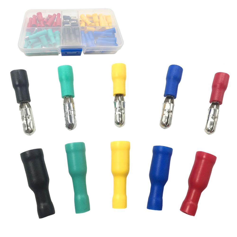 Sopoby Bullet Butt Connectors, 100pcs Assorted Insulated Female & Male Crimp Wire Terminals Brass, 22-16 AWG, 5 Colours