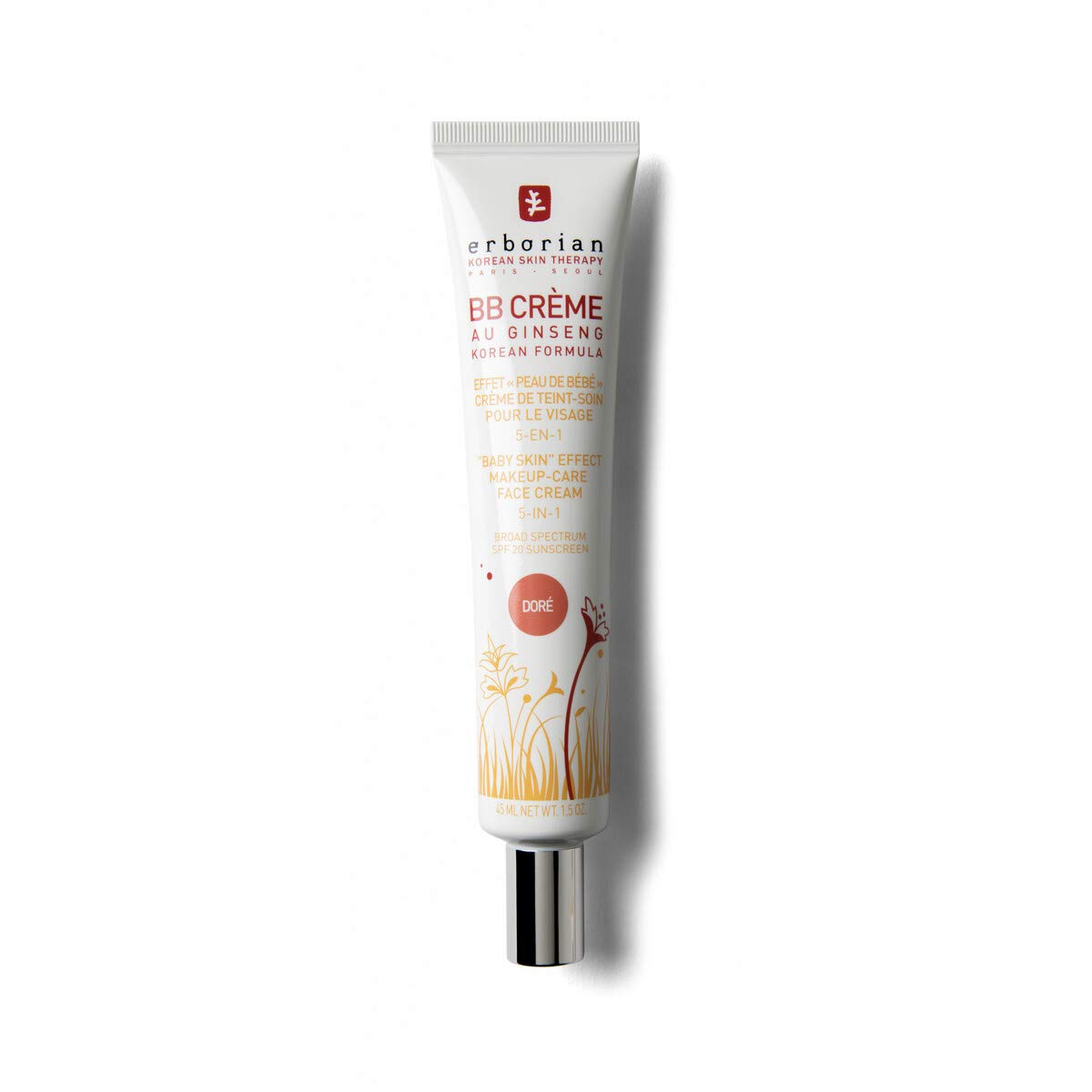 ErborianBB Cream with Ginseng - Imperfection Covering Foundation with Baby Skin Effect - 5-in-1 Korean Skincare Face Cream SPF 20 - Doré Shade - 45 ml