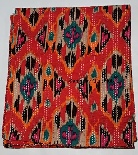 Sambhav Quilt Hub Bohemian Floral Handblock Multi Ikat Print Handmade Cotton Block Kantha Quilting Throw Blanket Hippie Queen/King Size Bohemian Block Print Hippie Kantha Quilt (Red)