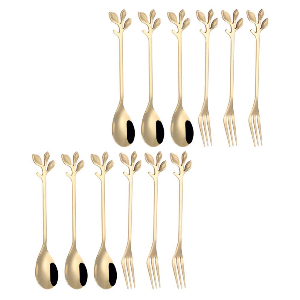 ARTIBETTER 12pcs Coffee Spoon Appetizer Dessert Fork Stainless Steel Silver Leaf Soup Sugar Spoons Ice- Cream Tea Stirring Spoons Tableware Teaspoon Set