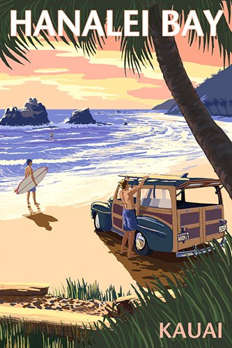 Vintage Art Hanalei Bay North Shore Sticker (Hawaii hi Kauai Vinyl Decal for car or Laptop (3 x 4 inch)