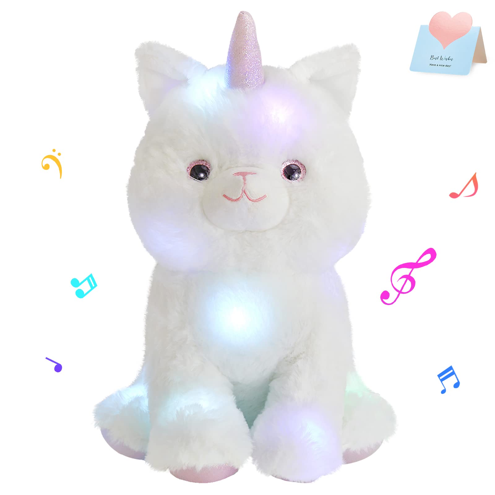 Houwsbaby 13" Musical LED Caticorn Unicorn Kitty Cat Singing Stuffed Animal Glow Light Up Plush Toy Doll Gifts for Decors Birthdays Kids Women, White