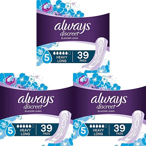 Always DiscreetIncontinence Pads for Women, Maximum, Long Length (Packaging May vary), Purple, 39 Count (Pack of 3)