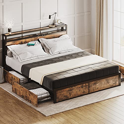 queen size storage bed - LIKIMIO Queen Bed Frame with Storage Drawer, 2-Tier Storage Headboard with Charging Station, No Box Spring Needed, Easy Assembly, Vintage Brown