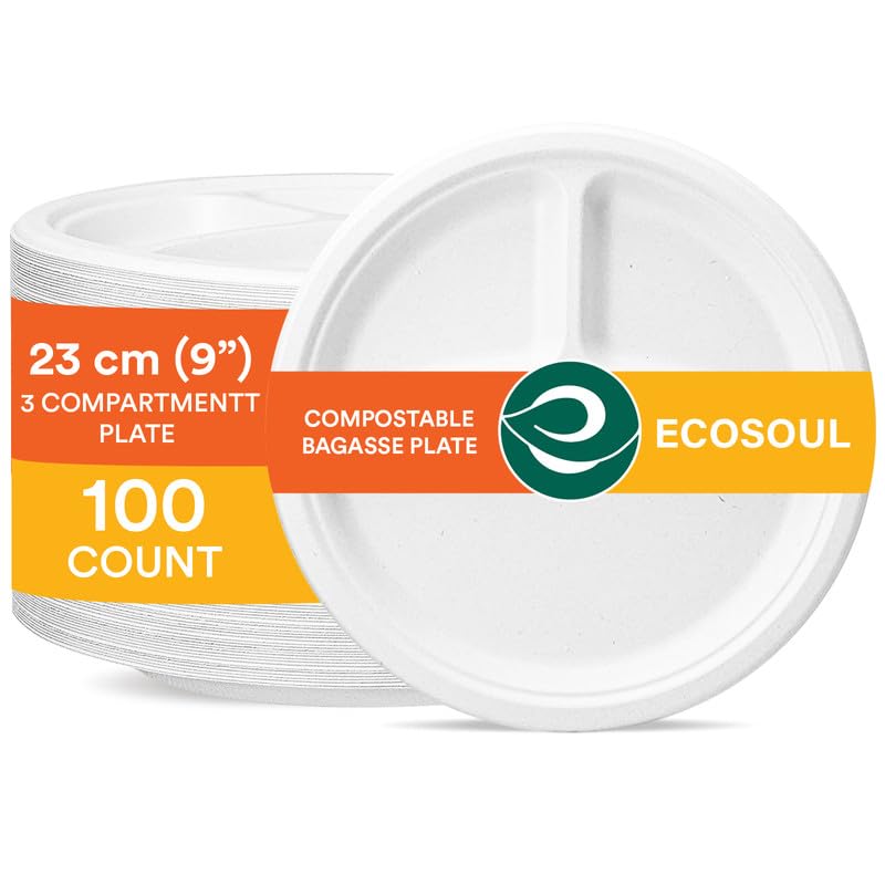 ECO SOUL [9 inch, 50 Pack, 3 Compartment] Disposable Bagasse Plates | Eco-friendly, Biodegradable, Sugarcane Plates | For Serving Snacks & Dinner | Birthday, Wedding & Party | Round, White (22 cm)