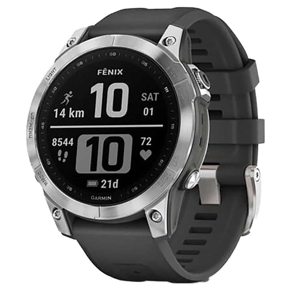 GARMIN FENIX 7 - Standard Edition, Silver with Graphite Band | Amoled Smart Watch with Touch Screen Display | Fitness Watch with 18 Days Battery Life in Smartwatch Mode