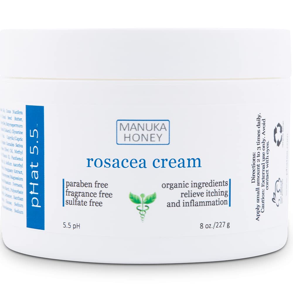 pHat 5.5Rosacea Cream - Organic Treatment Moisturizer with Coconut Oil, Manuka Honey, Aloe Vera, Shea Butter, Plumeria, Hempseed Olive Oil for Redness Relief, Inflammation Anti Acne (8 oz)