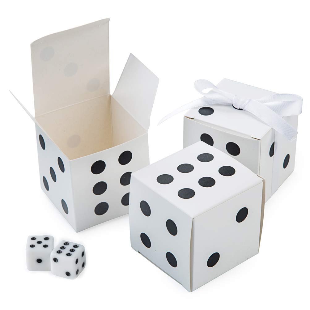 AWELL White Dice Favor Box Bulk 2x2x2 inches with White Ribbon, Casino Party Decoration, Pack of 50