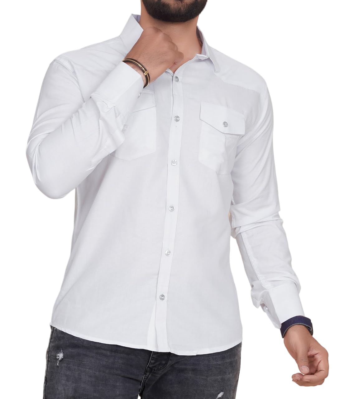 COLORWINGSMen's Cotton Blend Regular Fit Plain Double Pocket Full Sleeves Casual Shirt with Elegant Design