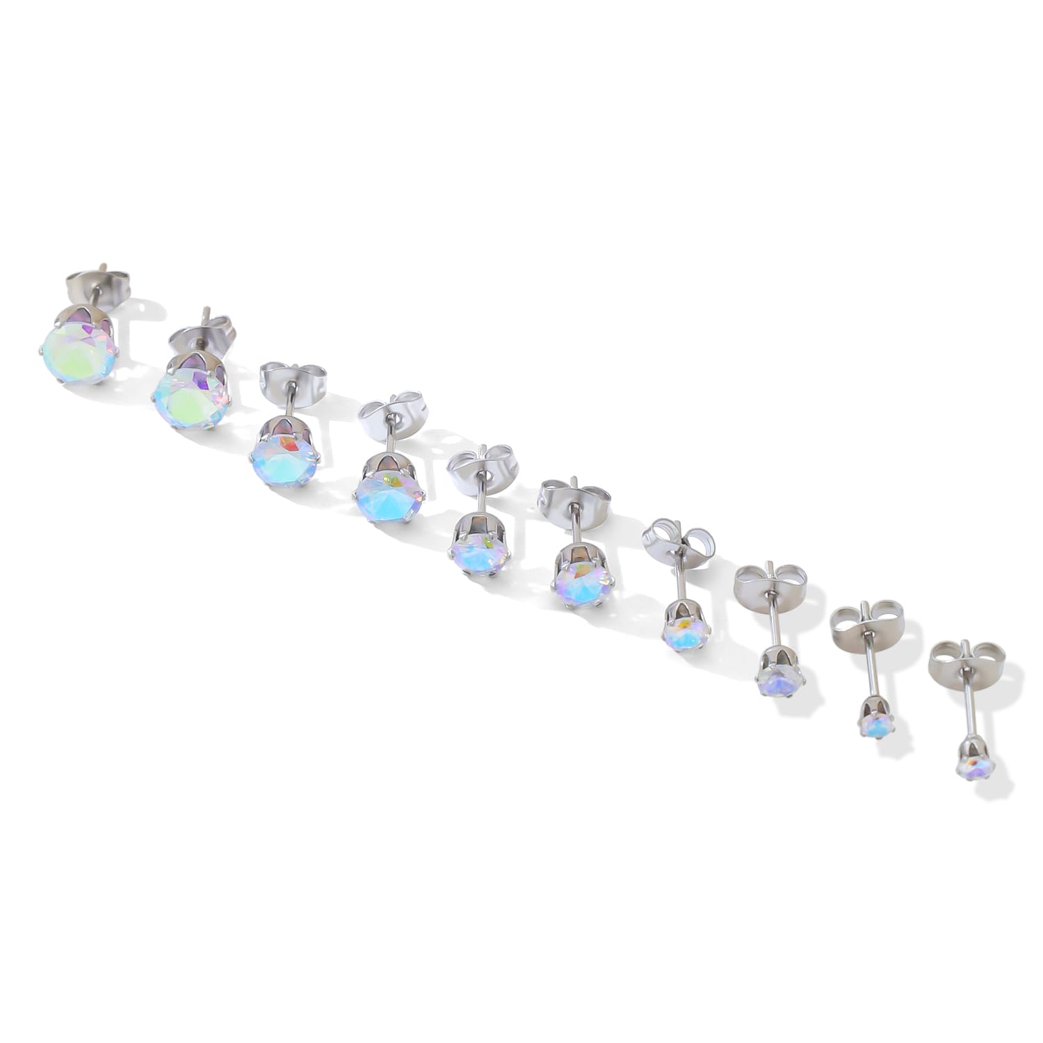 5 Pairs of Surgical Stainless Steel Aurora Borealis Crystal CZ Stud Earrings 3,4,5,6, 7mm