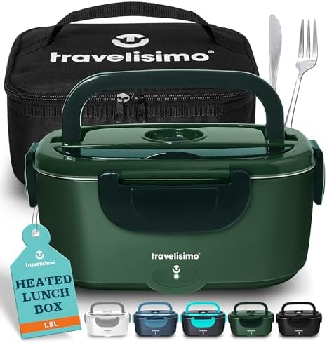 TRAVELISIMO Electric Lunch Box for Adults, 80W Heated Lunch Box 1.5L Stainless Steel Heated Lunchbox For Adults, 12/24/110V Self Heating Lunch Box for Car Truck Work, Lonchera Eléctrica Portátil