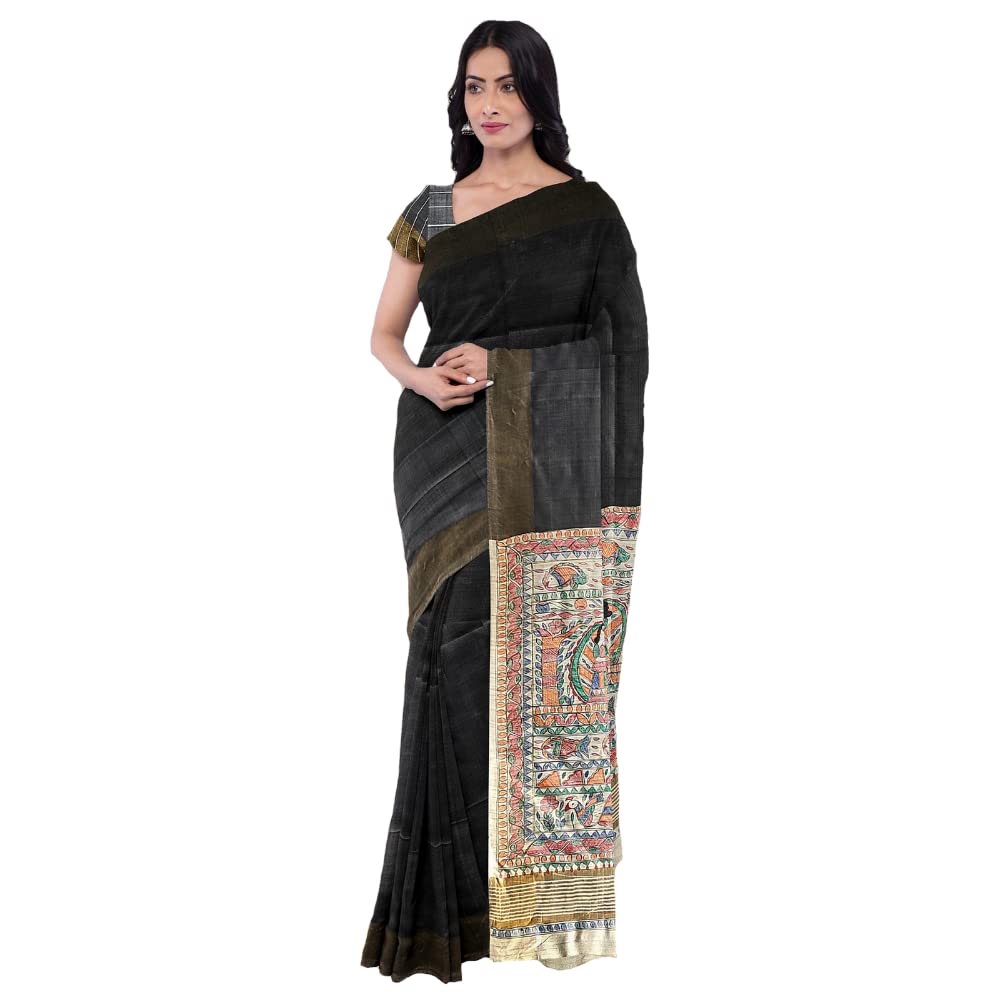 Women's Tussar ghicha zari Boader hand painted pallu silk saree with Unstiched blouse