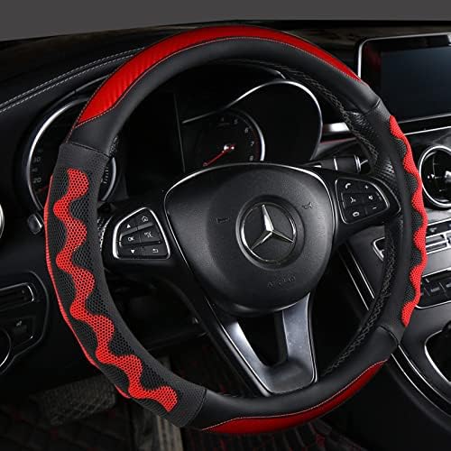 Leather Car Steering Wheel Cover, Breathable Microfiber Leather, Universal 15 Inch Anti-Slip Odorless Car Wheel Protector (Standard Size[14 1/2''-15''], Black & Red)