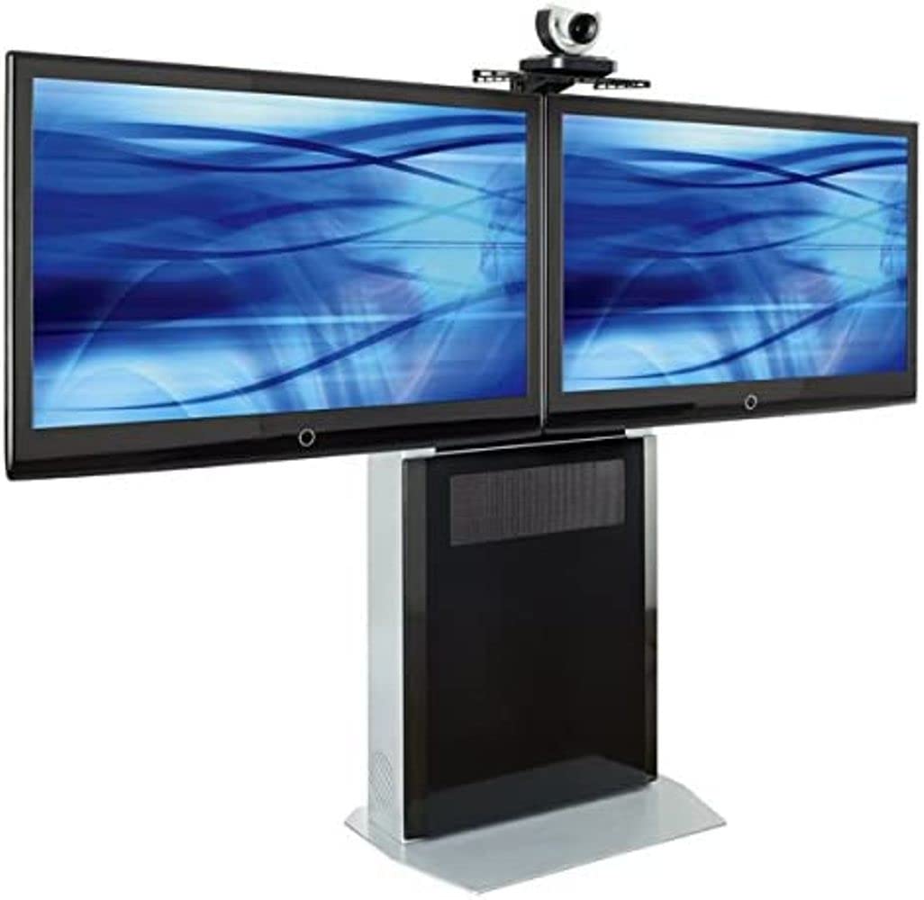 ELT-2100L-B Large Format Display Stand, 400 lbs. Load Capacity, Supports Dual Displays Up to 75", 10RU Rack Space, One Interior Shelf, 6-Port Surge Protector, One Dual Gang Knockout