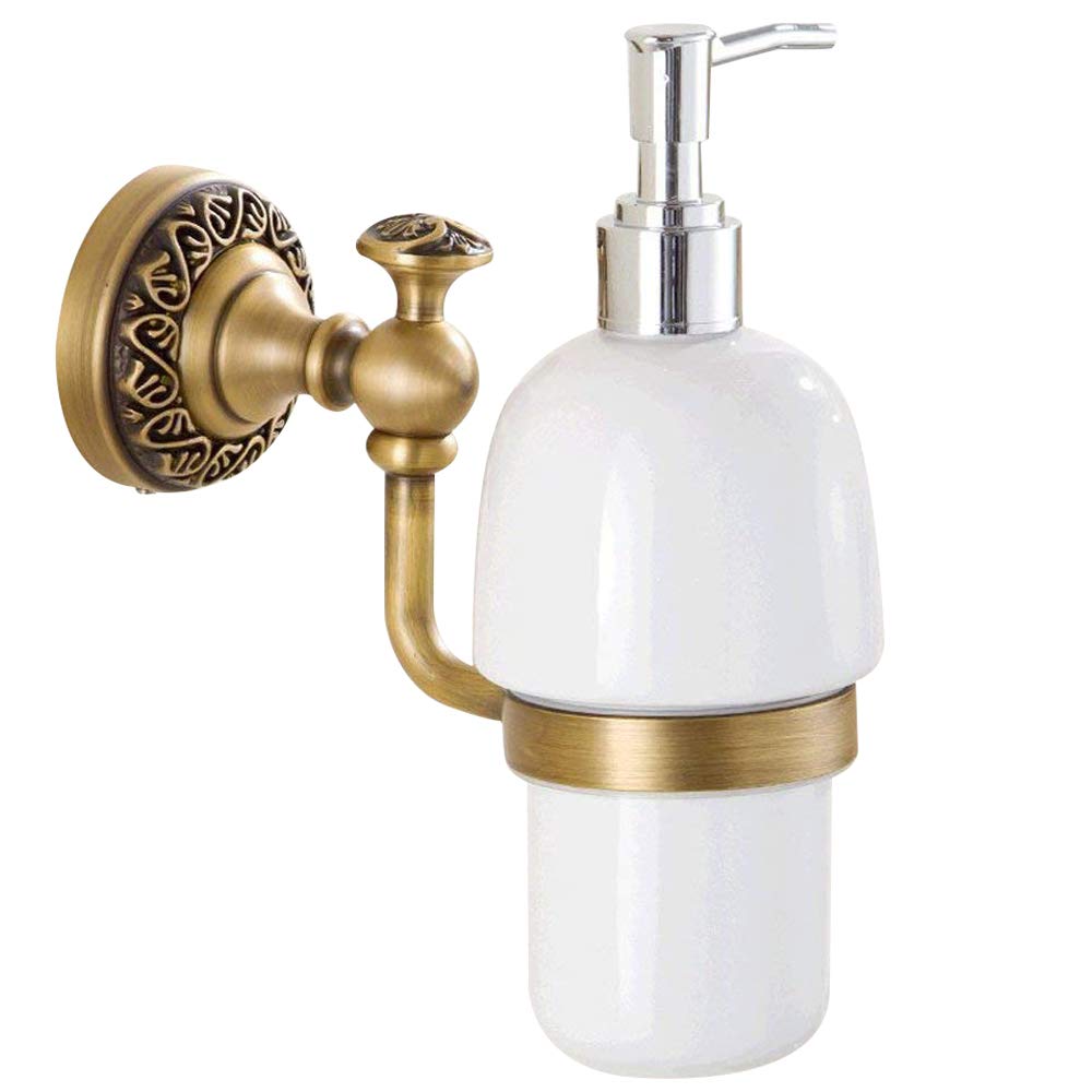 Leyden Antique Brass Soap Dispenser,Wall Mount Hand Soap Pump Bathroom Liquid Holder Lotion Bottles Vintage Dish Ceramics Removable for Kitchen Sink Countertop