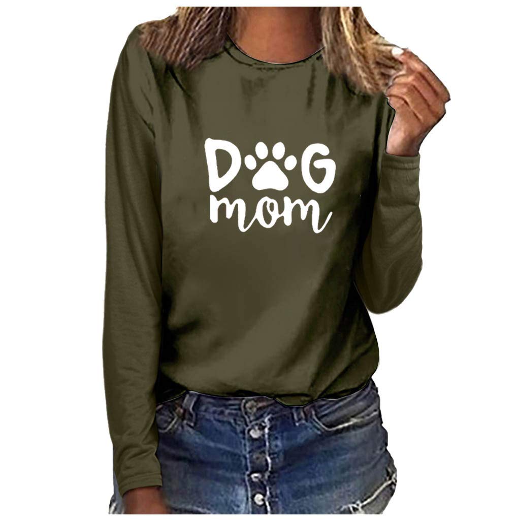 Lazzboy Tops Womens Long Sleeve Blouse Casual Solid Paw Letters Print O Neck Pullover T-Shirt Jumper