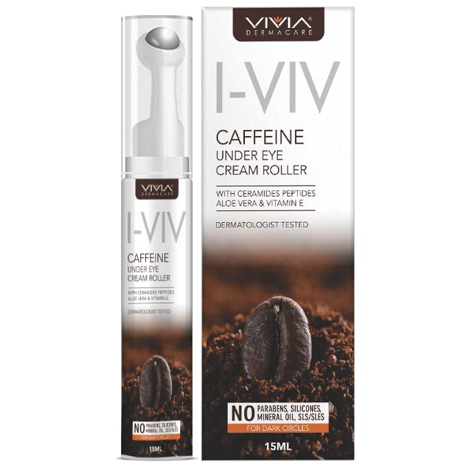 Vivia Dermacare I-VIV Caffeine Under Eye Cream Roller with Cemaides Peptides, Aloe vera & Vitamin E, Reduces Dark Circles (15 ml)