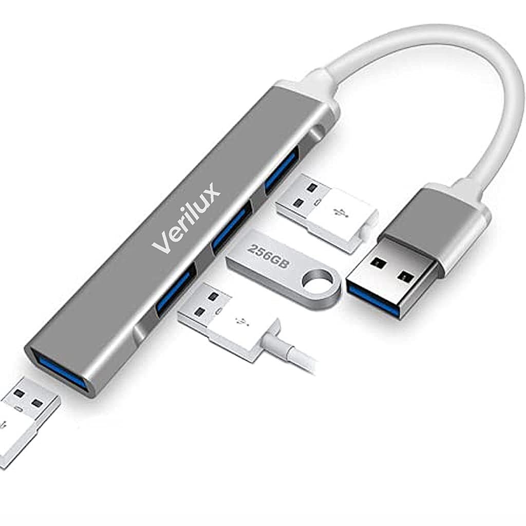 Verilux® USB Hub 3.0 for PC, 4-Port High Speed USB Hub with Aluminium Shell, USB Port Hub 3.0 Compatible for PC, MacBook, Mac Pro, Mac Mini, iMac, Surface Pro, XPS, PC (Grey)