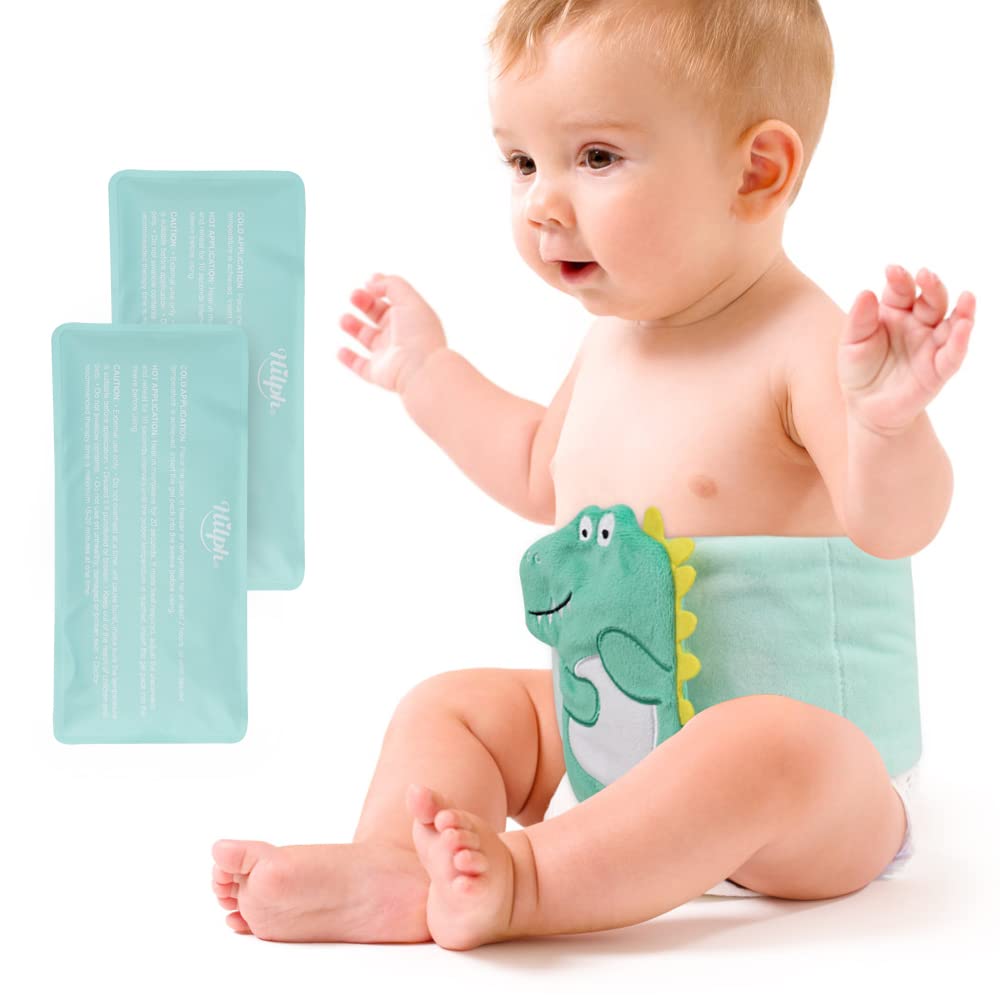 Hilph®Infant Ice Pack Wrap for Baby Colic, Gas and Upset Stomach Relief, Heated Tummy Wrap with Gel Ice Pack, Natural Pain Relief for Upset Stomach in Kids and Toddlers - Green Dinosaur