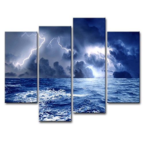 Canvas Print Wall Art Picture Sea Before Storm Dark Clouds Surging Wave With Lighting 4 Pieces Modern Giclee Stretched And Framed Artwork The Seascape Pictures Photo Prints On Canvas