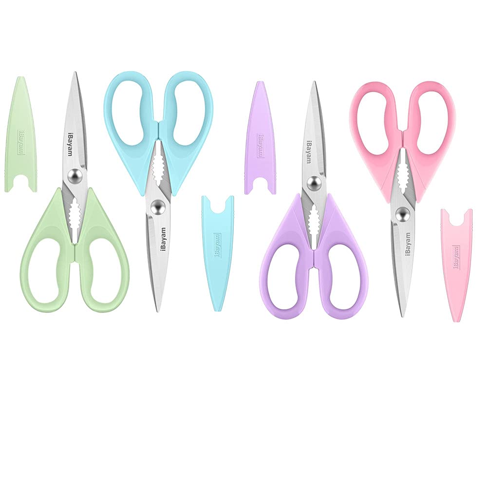 iBayam 2-Pack Kitchen Scissors Light Blue, Pistachio & 2-Pack Kitchen Scissors Pastel Pink, Soft Purple Bulk