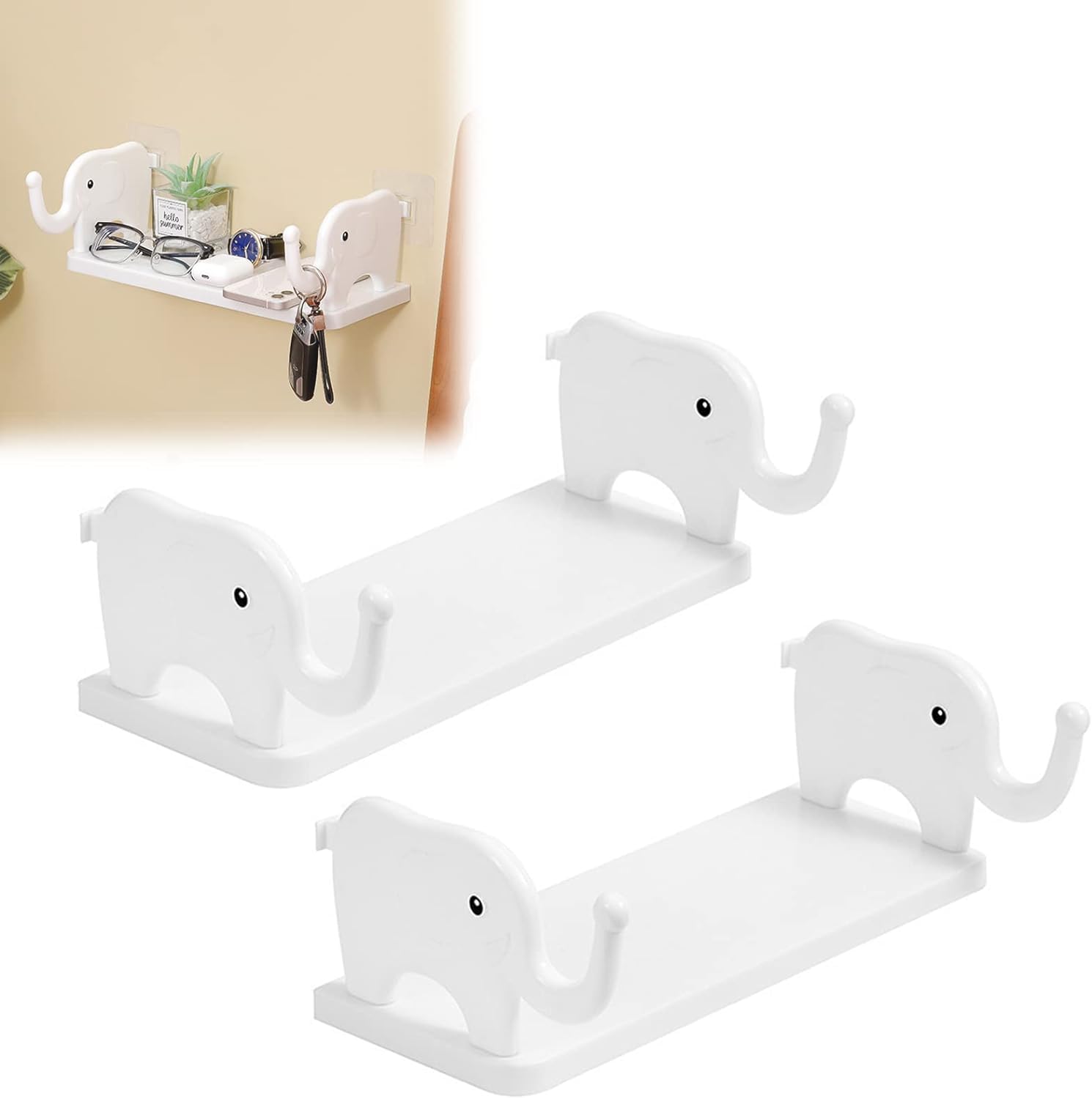 Voxmix Multifunctional Elephant Shaped Storage Shelf, No Punching Wall Mounted Mini Storage Rack, Creative Cute Elephant Shelf Organizer for Kitchen Bathroom Bedroom Study (White,2pcs)