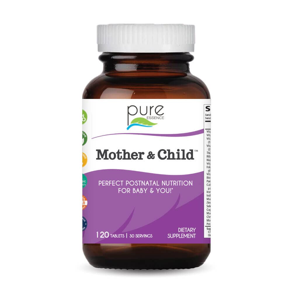 Pure Essence Mother and Child Postnatal Vitamins with Whole Foods, Super Foods, Minerals, Iron, Folate, Non GMO, Vegan - 120 Tablets