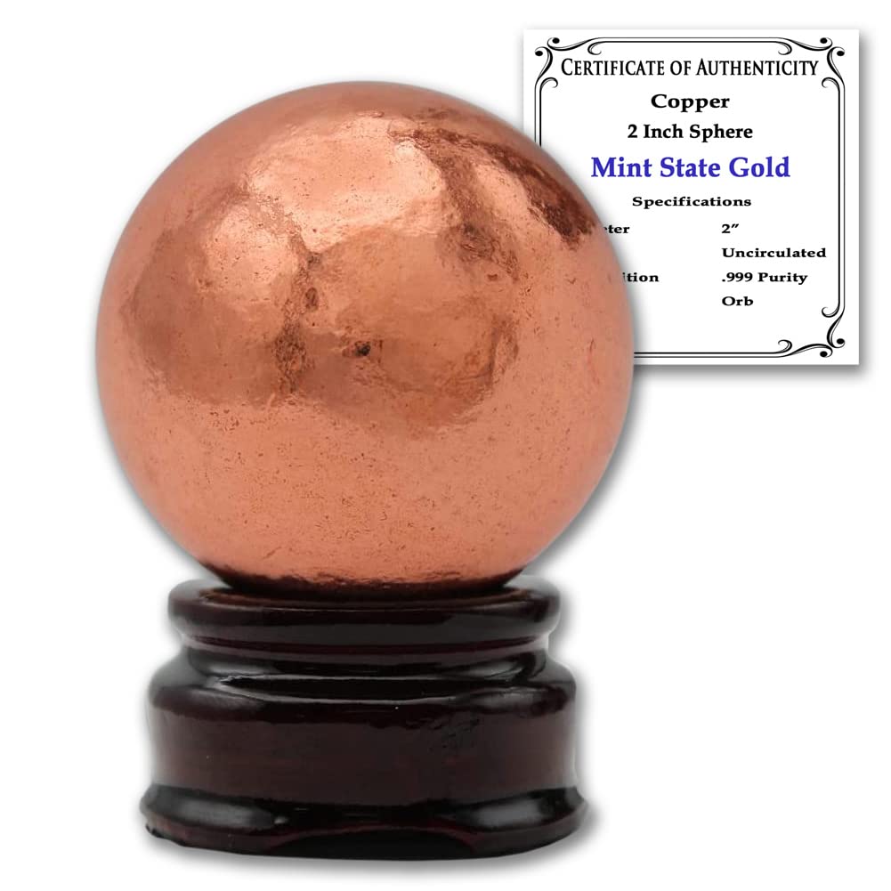 Copper Ball Paperweight with Wooden Base | 2" (50.8 mm - 1.29 lb) 99.9% Pure Solid Sphere with Certificate of Authenticity