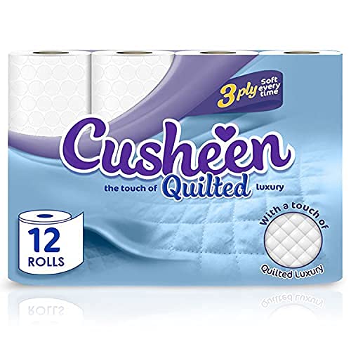 Cusheen Quilted Luxury White 3 Ply Hygiene Toilet Tissue Paper Rolls (Pack of 12)