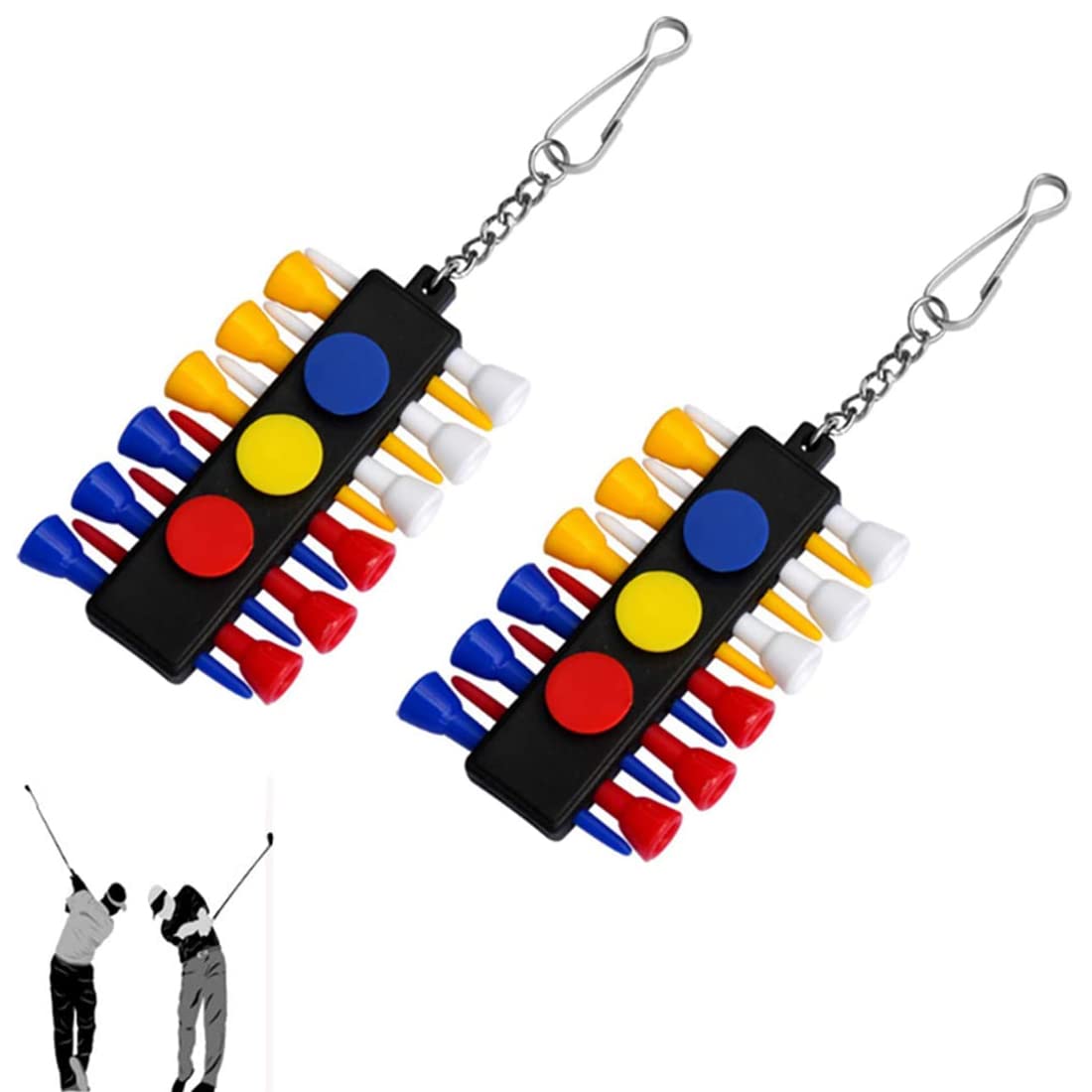 MAKINGTEC Golf Tees, Golf Tee Holder with 12 Golf Tees 3 Golf Ball Markers, Durable Plastic Step-UP Tees, 55mm Long with Keychain Golf Tee Holder, for Putting Driving Hitting Swing Training