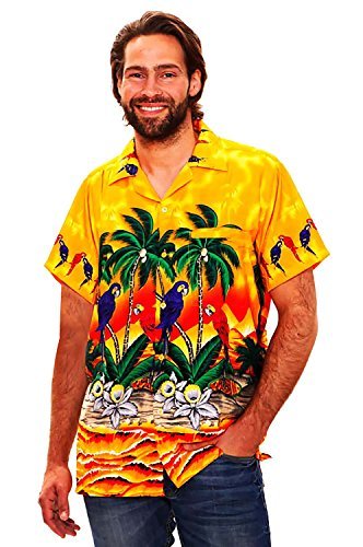 Funky Hawaiian Shirt Men Shortsleeve Frontpocket Hawaiian-Print Parrot Flowers